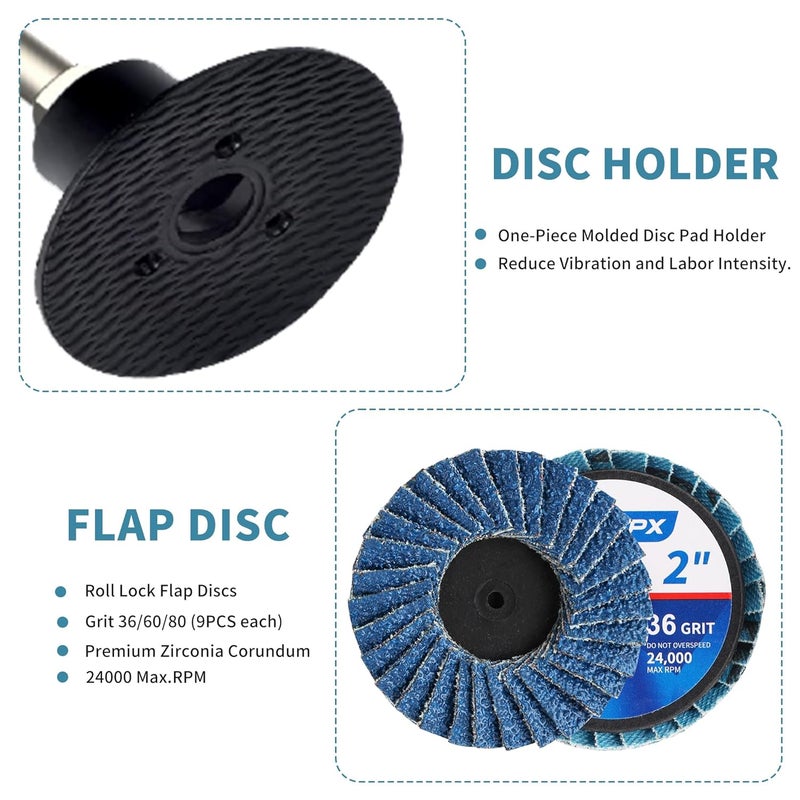 TSOAPX 28 PCS Flap Disc Set, 2" Zirconia Blue Flat Flap Discs Roll Lock Grinding Sanding Sandpaper Wheels with 1/4" Shank Holder Grit 36/60/80, Surface Prep Discs for Angle Grinder Rust Paint Removal - Image 2